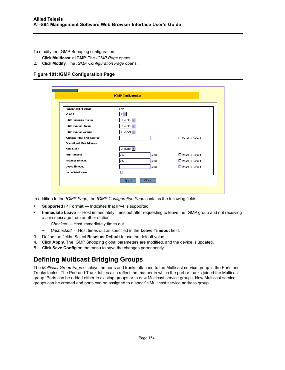 Defining multicast bridging groups | Allied Telesis AT-S94 User Manual | Page 154 / 254