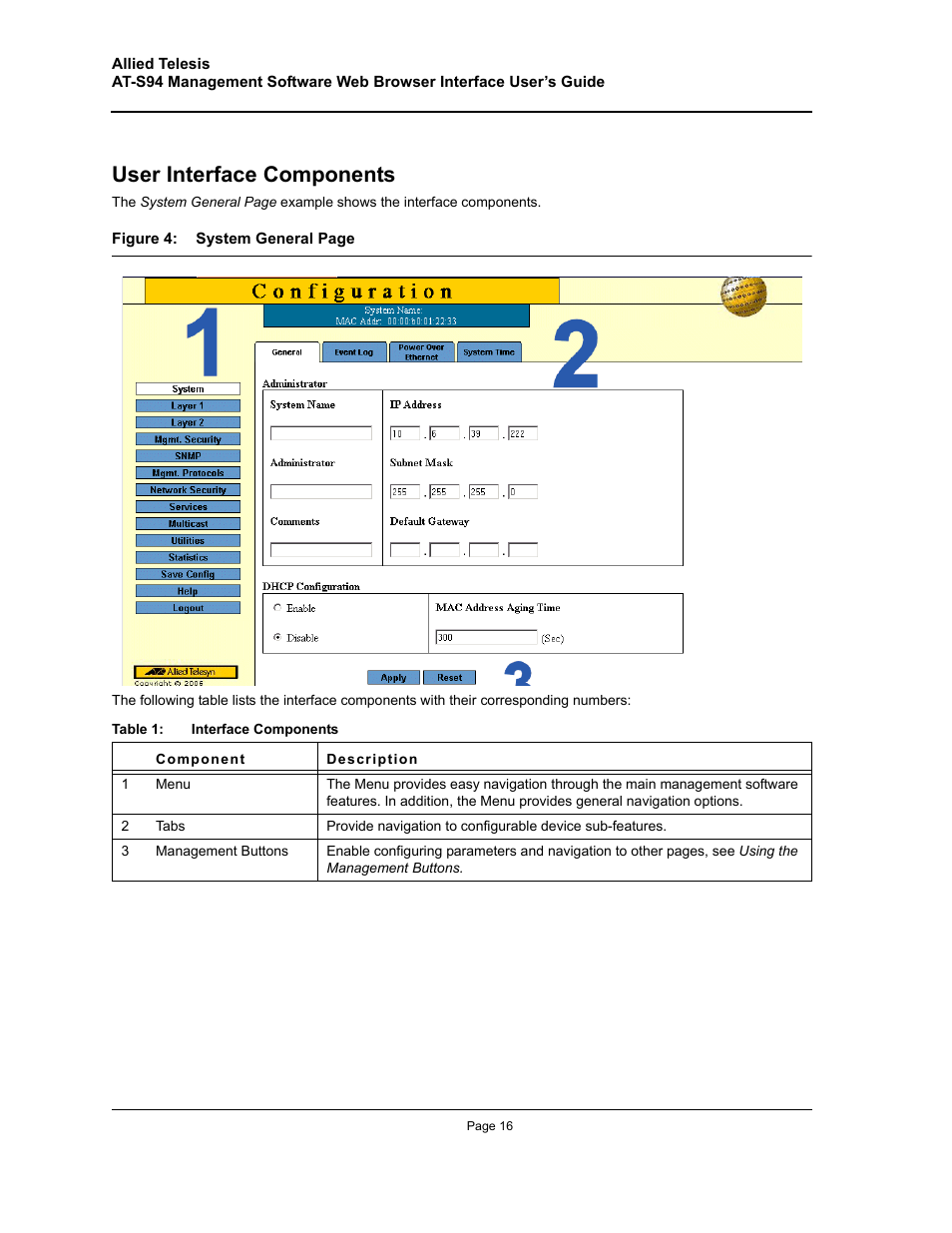 User interface components | Allied Telesis AT-S94 User Manual | Page 16 / 254