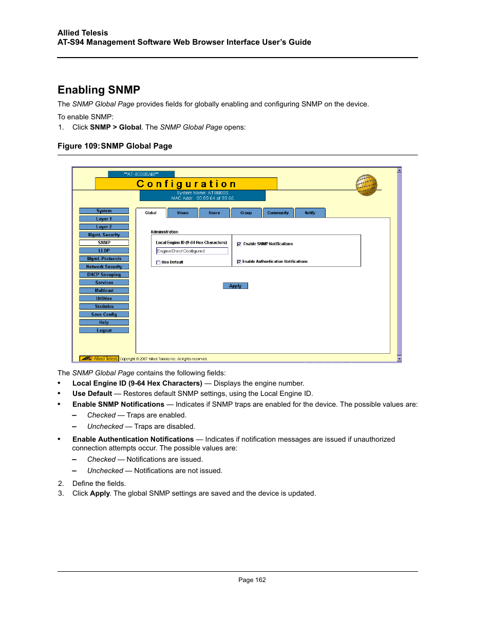 Enabling snmp | Allied Telesis AT-S94 User Manual | Page 162 / 254