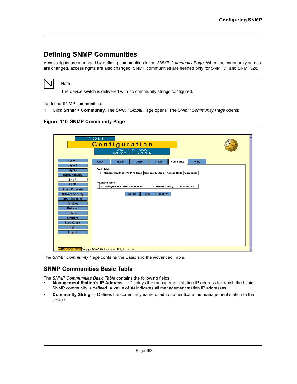 Defining snmp communities, Snmp communities basic table | Allied Telesis AT-S94 User Manual | Page 163 / 254