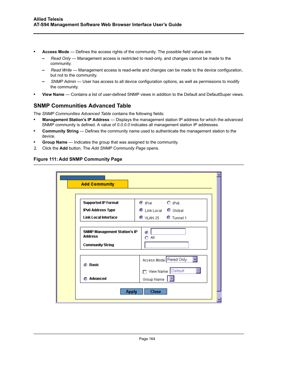 Snmp communities advanced table | Allied Telesis AT-S94 User Manual | Page 164 / 254