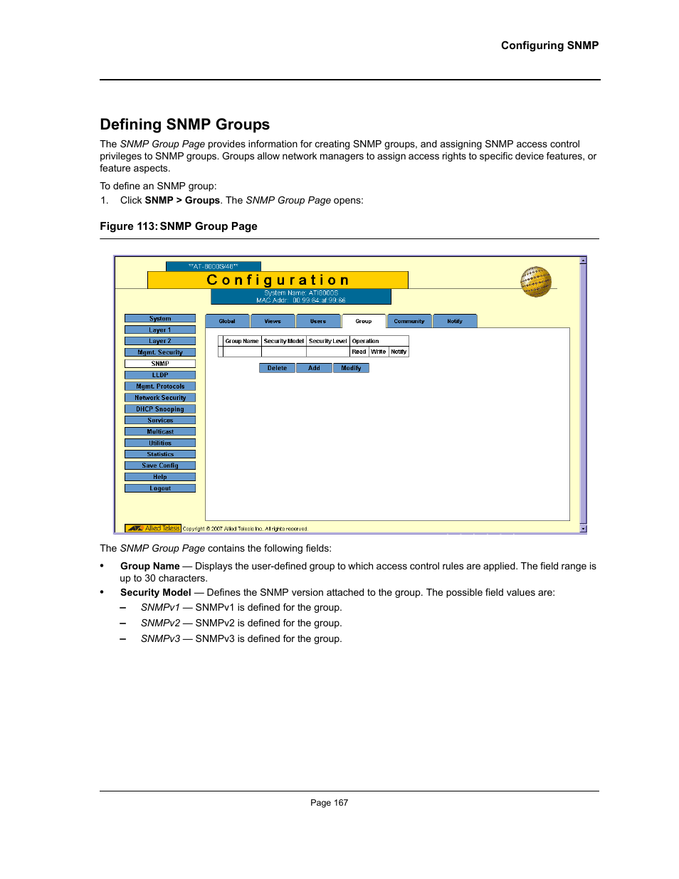 Defining snmp groups | Allied Telesis AT-S94 User Manual | Page 167 / 254