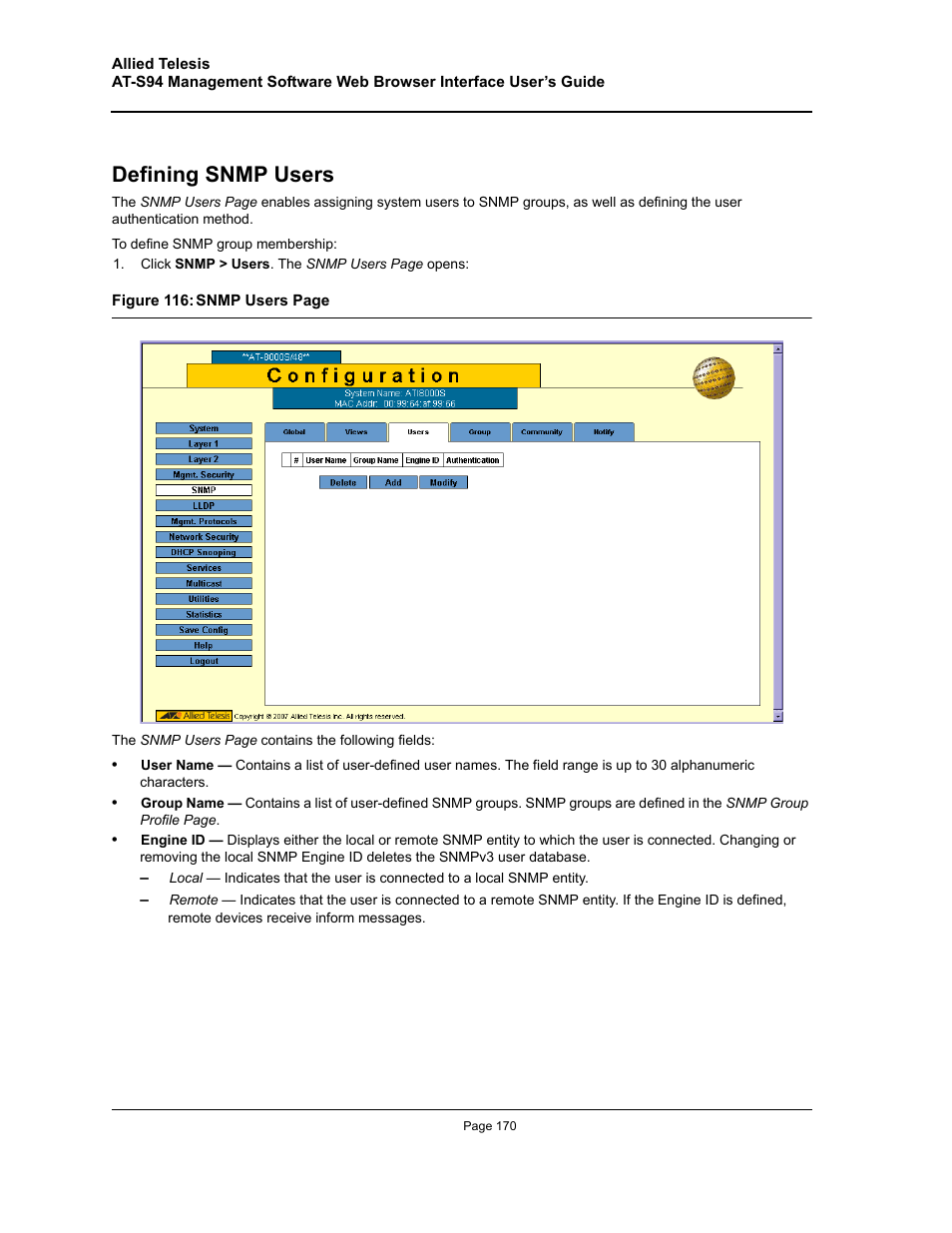 Defining snmp users | Allied Telesis AT-S94 User Manual | Page 170 / 254