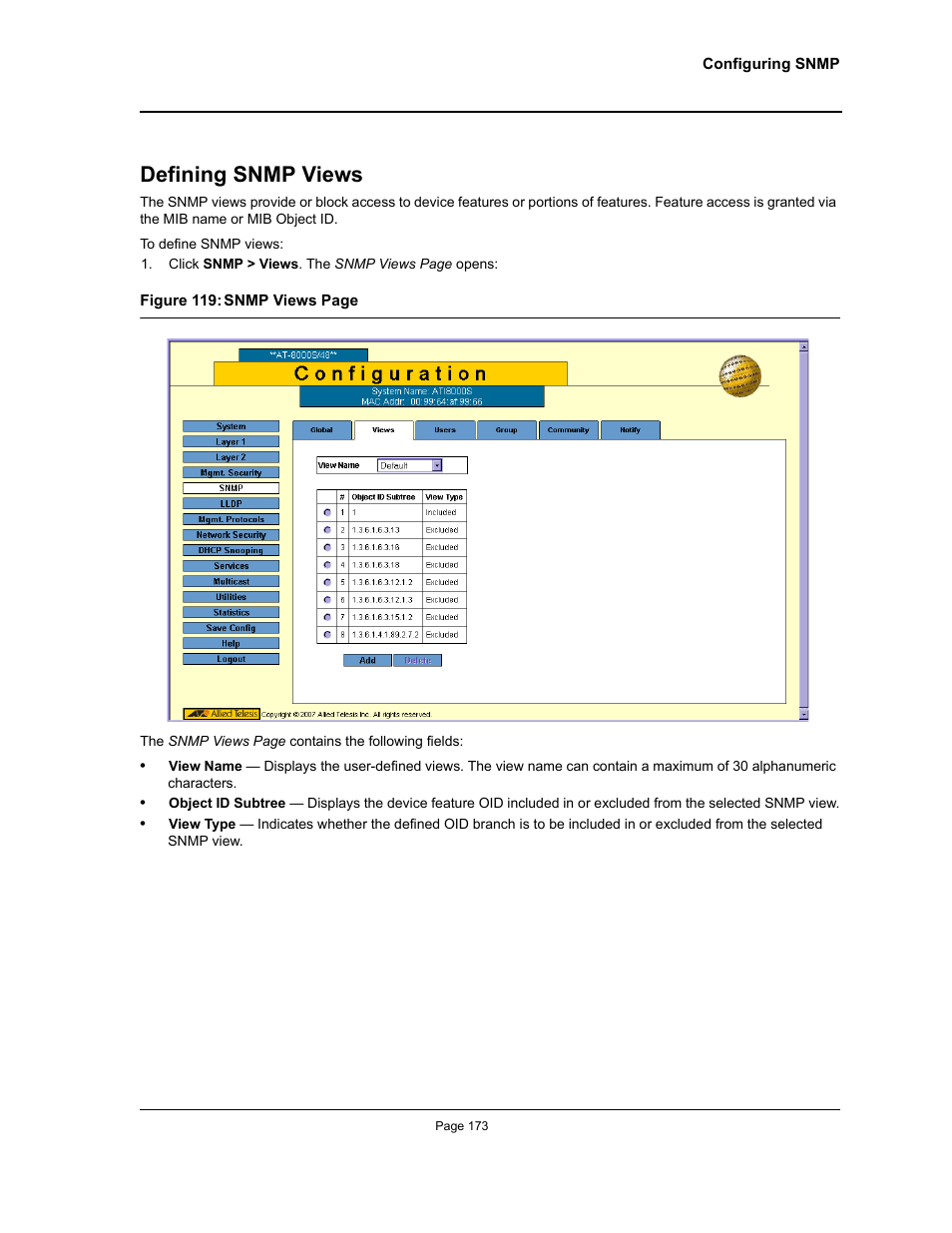 Defining snmp views | Allied Telesis AT-S94 User Manual | Page 173 / 254