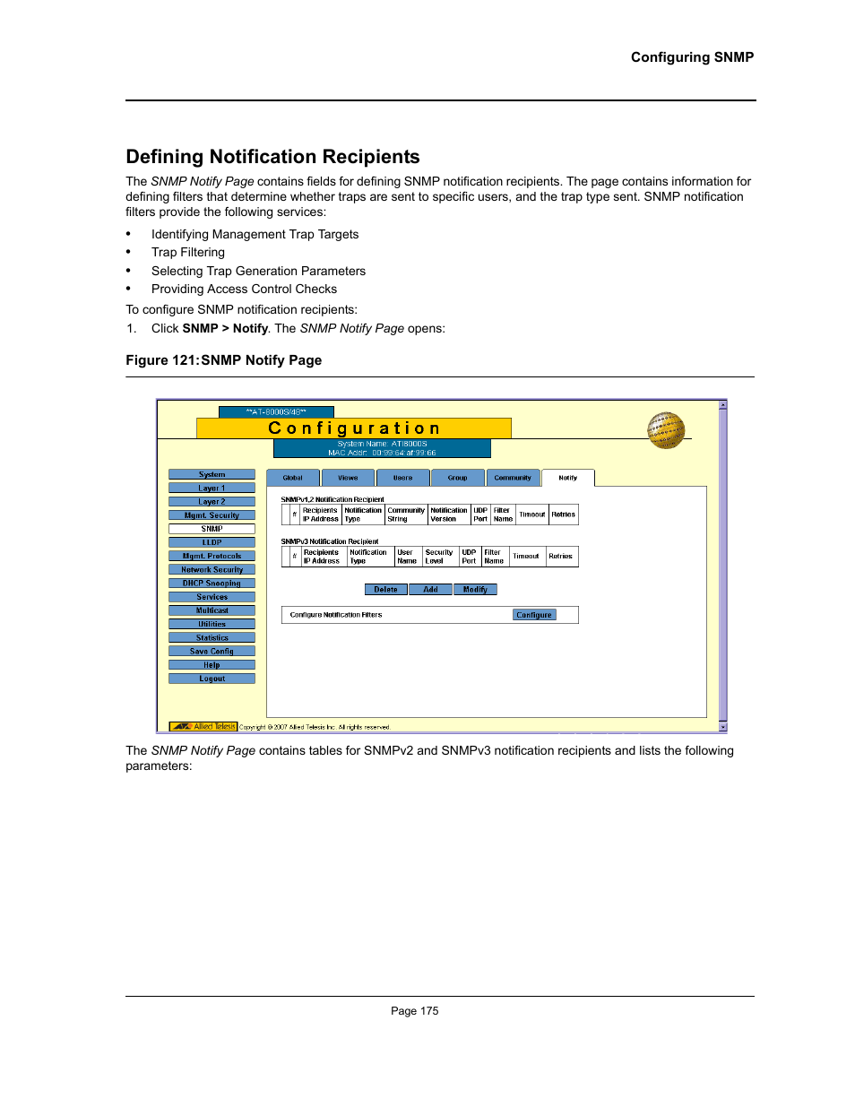Defining notification recipients | Allied Telesis AT-S94 User Manual | Page 175 / 254