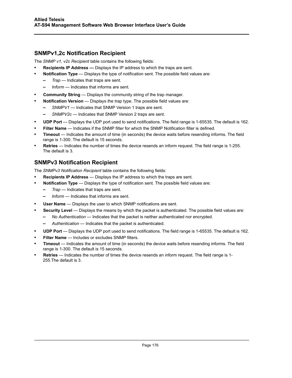 Snmpv1,2c notification recipient, Snmpv3 notification recipient | Allied Telesis AT-S94 User Manual | Page 176 / 254