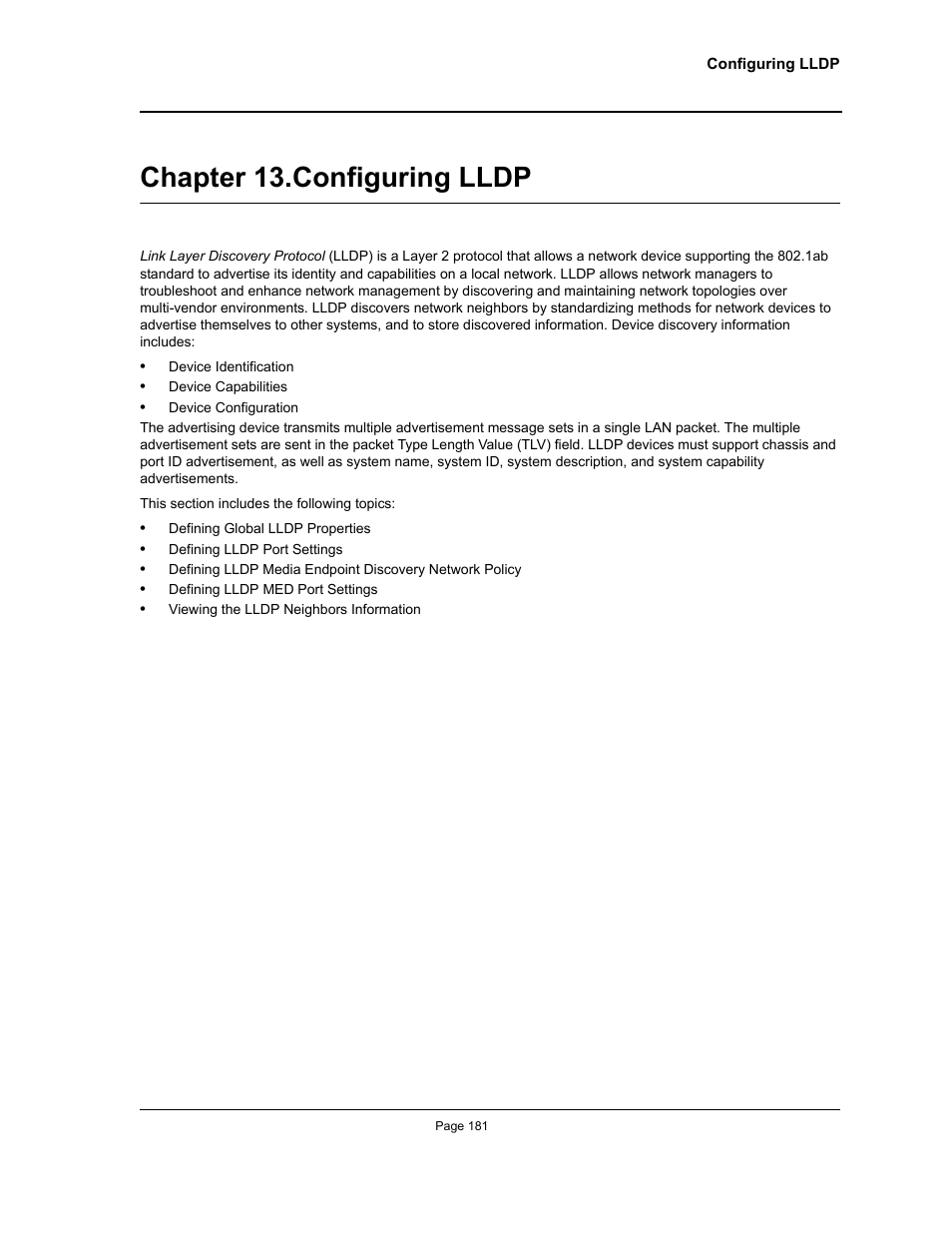 Chapter 13. configuring lldp, Chapter 13.configuring lldp | Allied Telesis AT-S94 User Manual | Page 181 / 254
