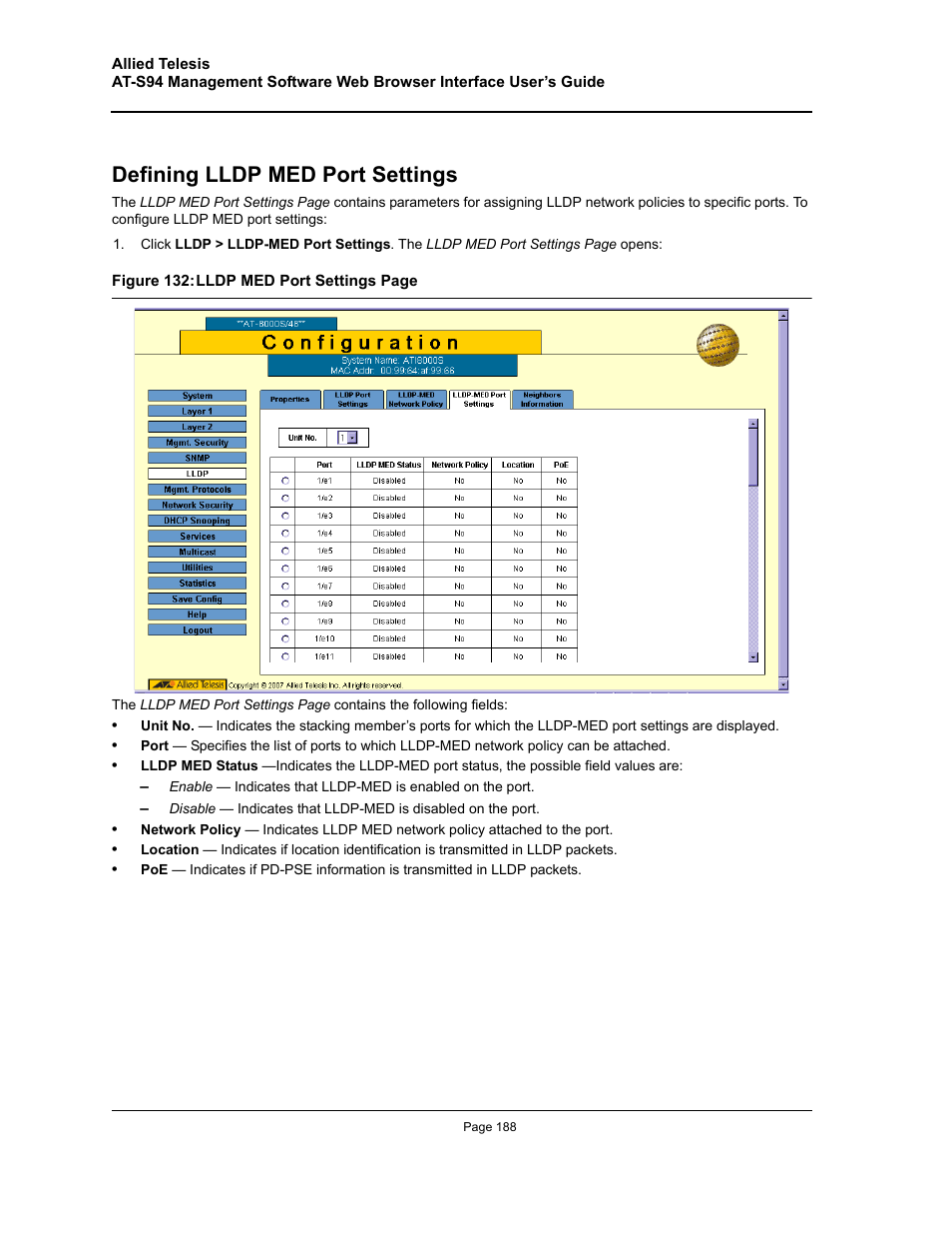 Defining lldp med port settings | Allied Telesis AT-S94 User Manual | Page 188 / 254