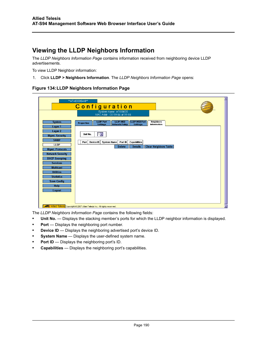 Viewing the lldp neighbors information | Allied Telesis AT-S94 User Manual | Page 190 / 254