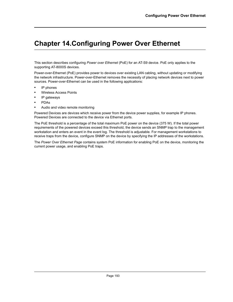 Chapter 14. configuring power over ethernet, Chapter 14.configuring power over ethernet, Section title“configuring power over ethernet | Allied Telesis AT-S94 User Manual | Page 193 / 254