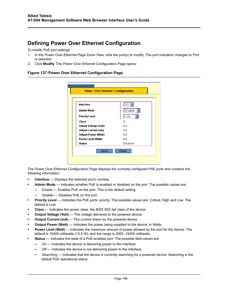 Defining power over ethernet configuration | Allied Telesis AT-S94 User Manual | Page 196 / 254