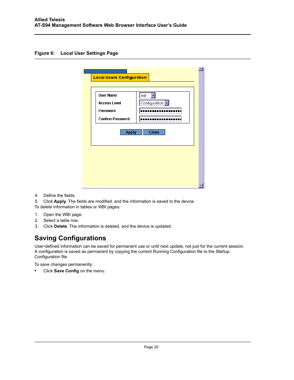 Saving configurations | Allied Telesis AT-S94 User Manual | Page 20 / 254