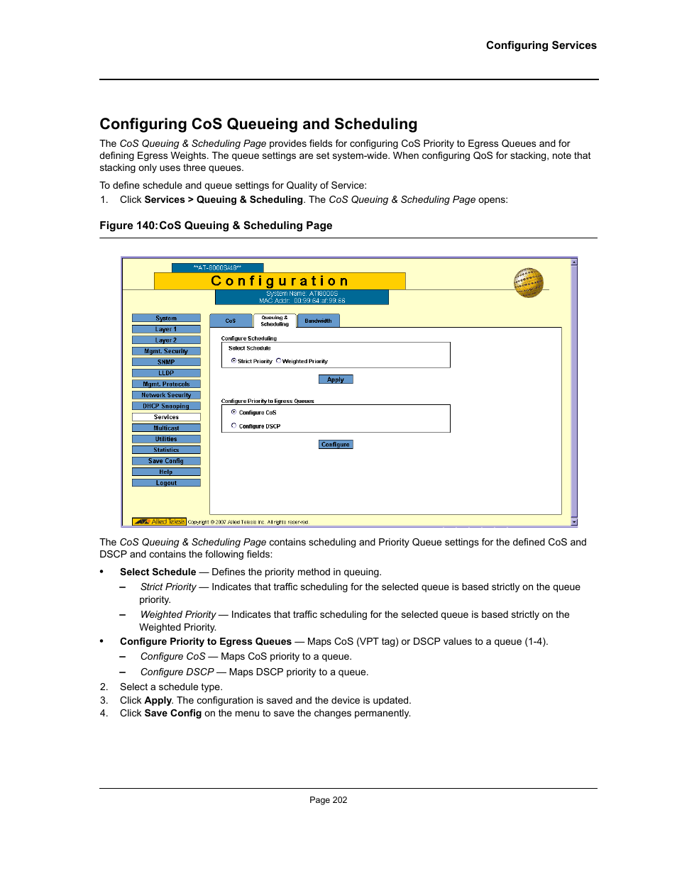 Configuring cos queueing and scheduling | Allied Telesis AT-S94 User Manual | Page 202 / 254
