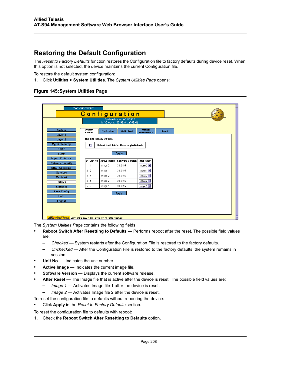Restoring the default configuration | Allied Telesis AT-S94 User Manual | Page 208 / 254