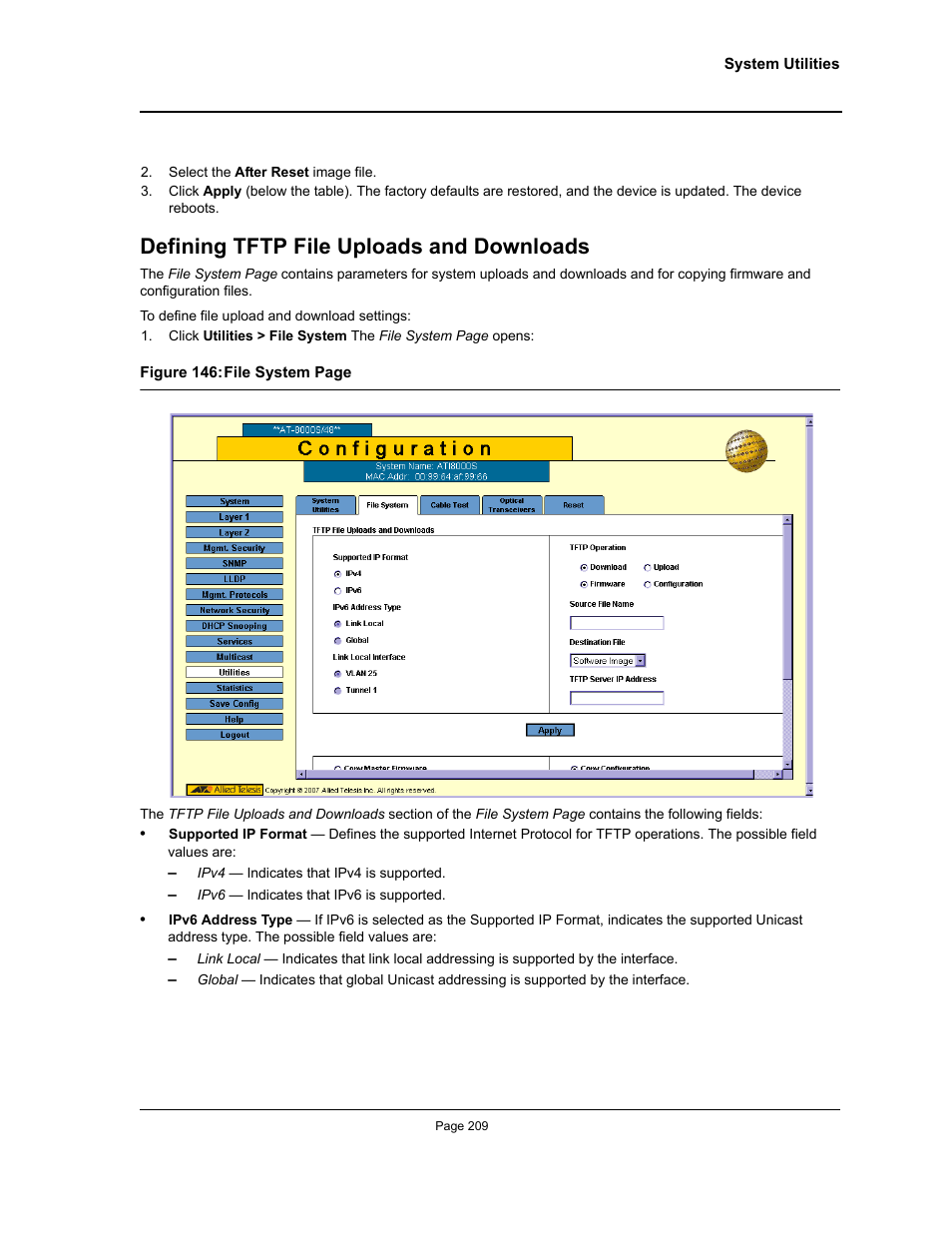 Defining tftp file uploads and downloads | Allied Telesis AT-S94 User Manual | Page 209 / 254