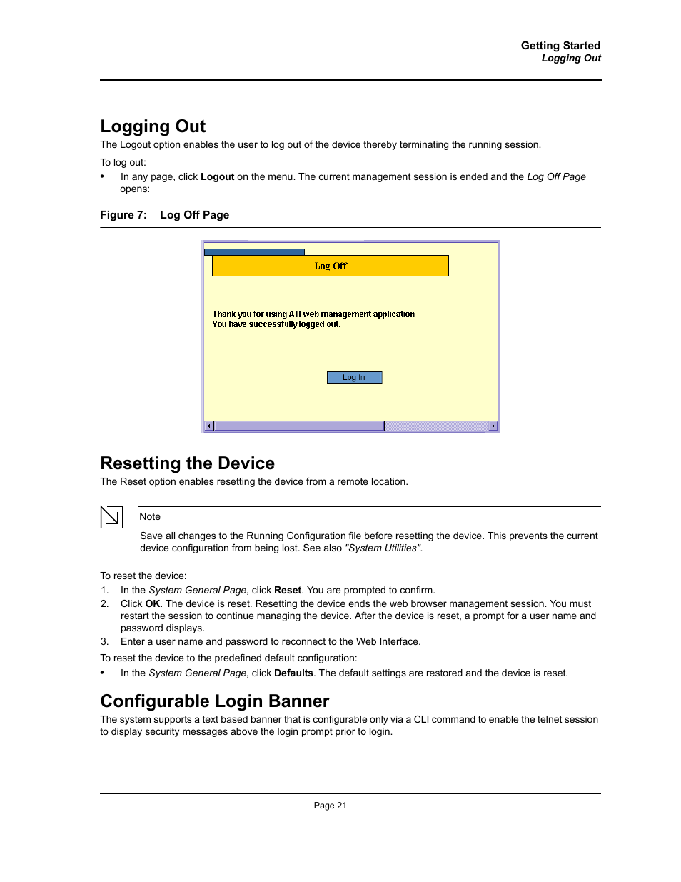 Logging out, Resetting the device, Configurable login banner | Allied Telesis AT-S94 User Manual | Page 21 / 254