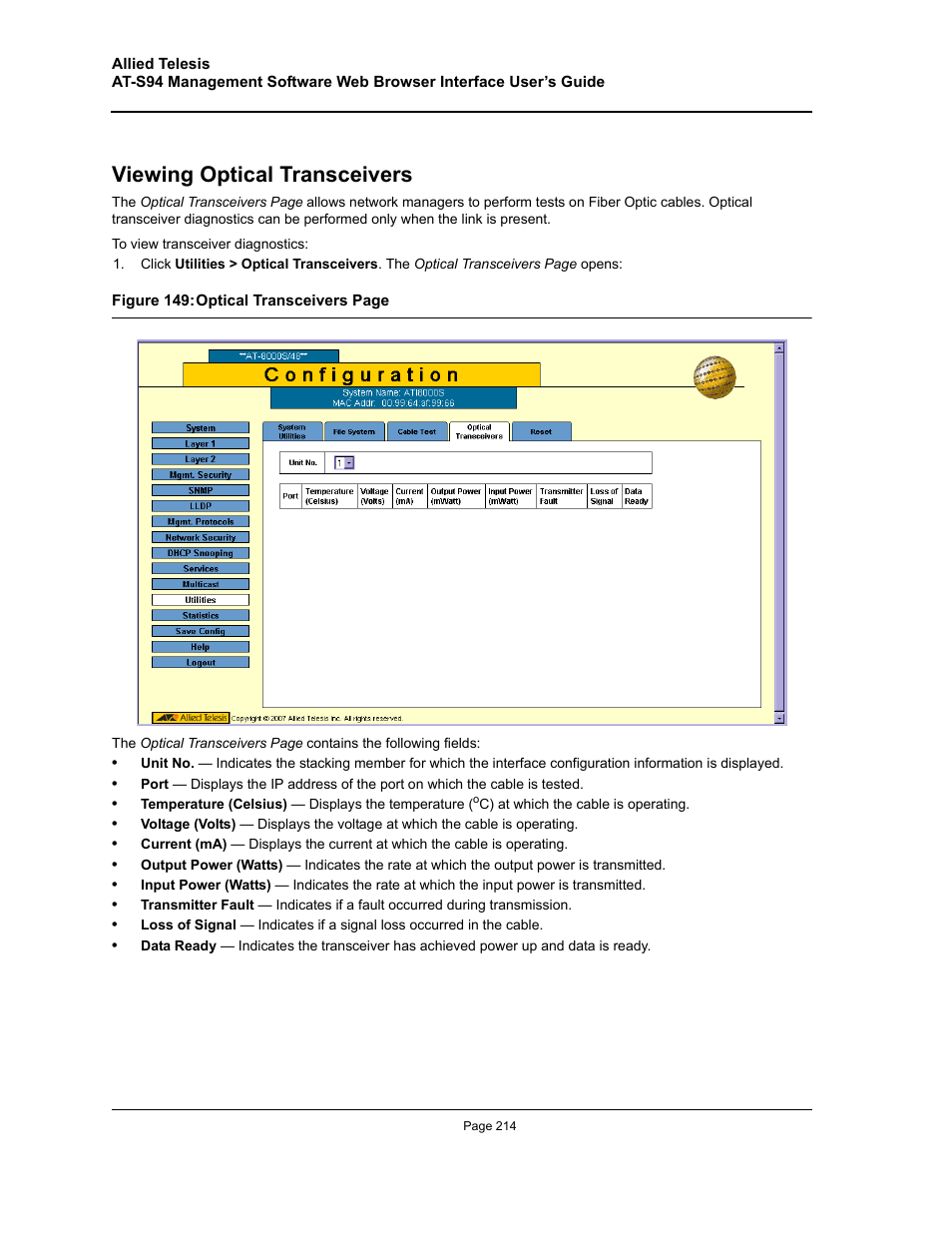 Viewing optical transceivers | Allied Telesis AT-S94 User Manual | Page 214 / 254
