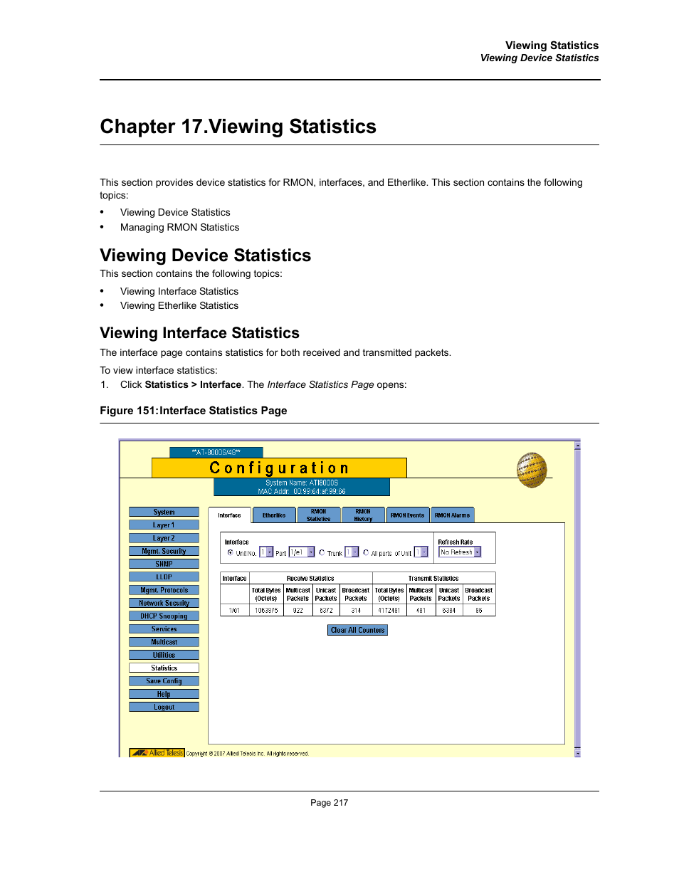 Chapter 17. viewing statistics, Viewing device statistics, Viewing interface statistics | Chapter 17.viewing statistics, Section title“viewing statistics | Allied Telesis AT-S94 User Manual | Page 217 / 254