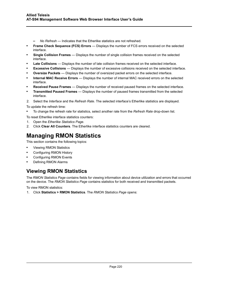 Managing rmon statistics, Viewing rmon statistics | Allied Telesis AT-S94 User Manual | Page 220 / 254