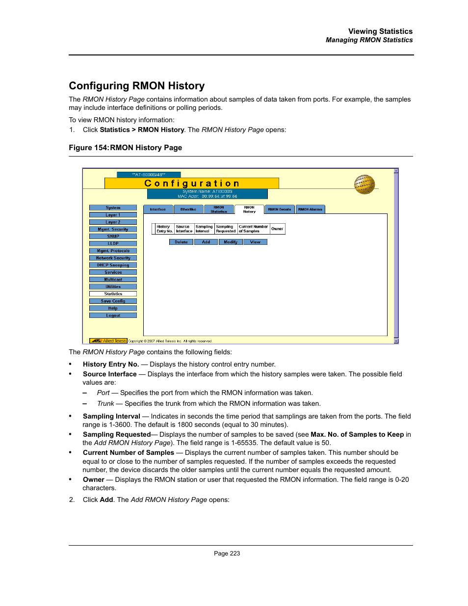 Configuring rmon history | Allied Telesis AT-S94 User Manual | Page 223 / 254