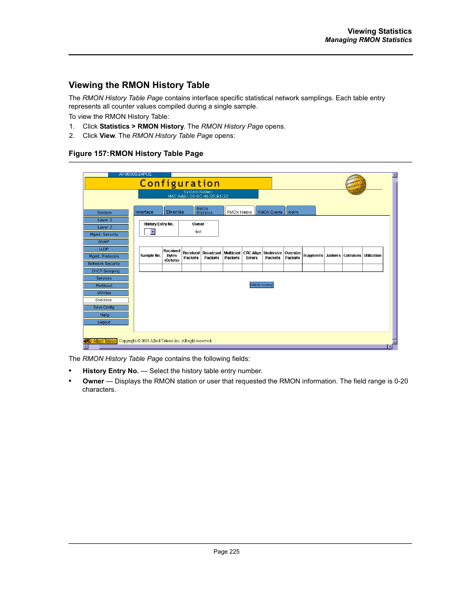 Viewing the rmon history table | Allied Telesis AT-S94 User Manual | Page 225 / 254