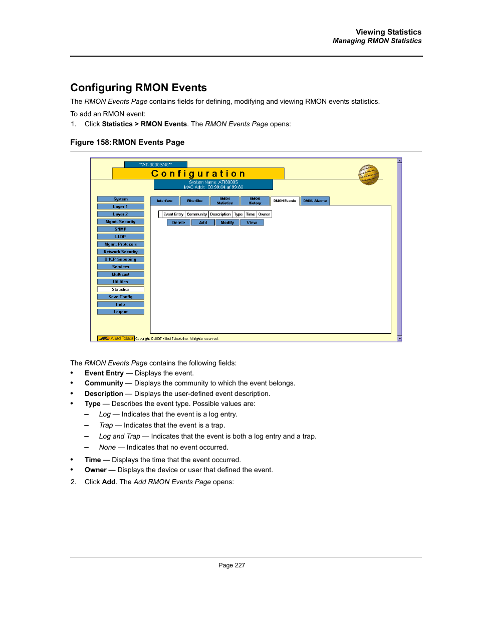 Configuring rmon events | Allied Telesis AT-S94 User Manual | Page 227 / 254