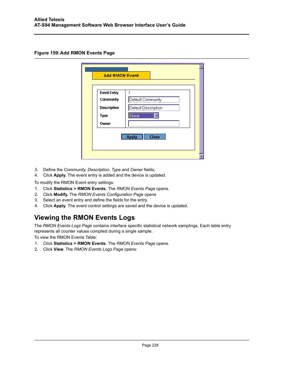 Viewing the rmon events logs | Allied Telesis AT-S94 User Manual | Page 228 / 254