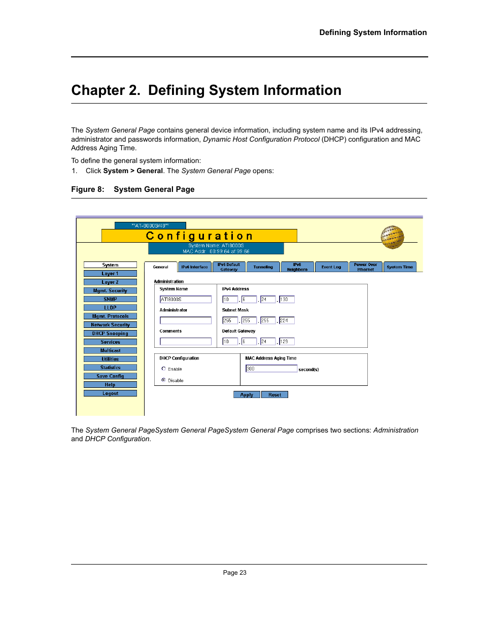 Chapter 2. defining system information, Chapter 2.defining system information, N 2, section title“defining system information | Allied Telesis AT-S94 User Manual | Page 23 / 254