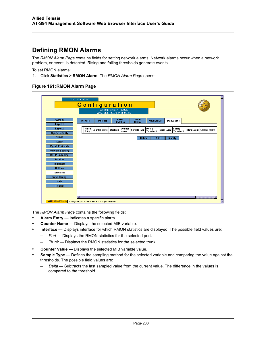Defining rmon alarms | Allied Telesis AT-S94 User Manual | Page 230 / 254