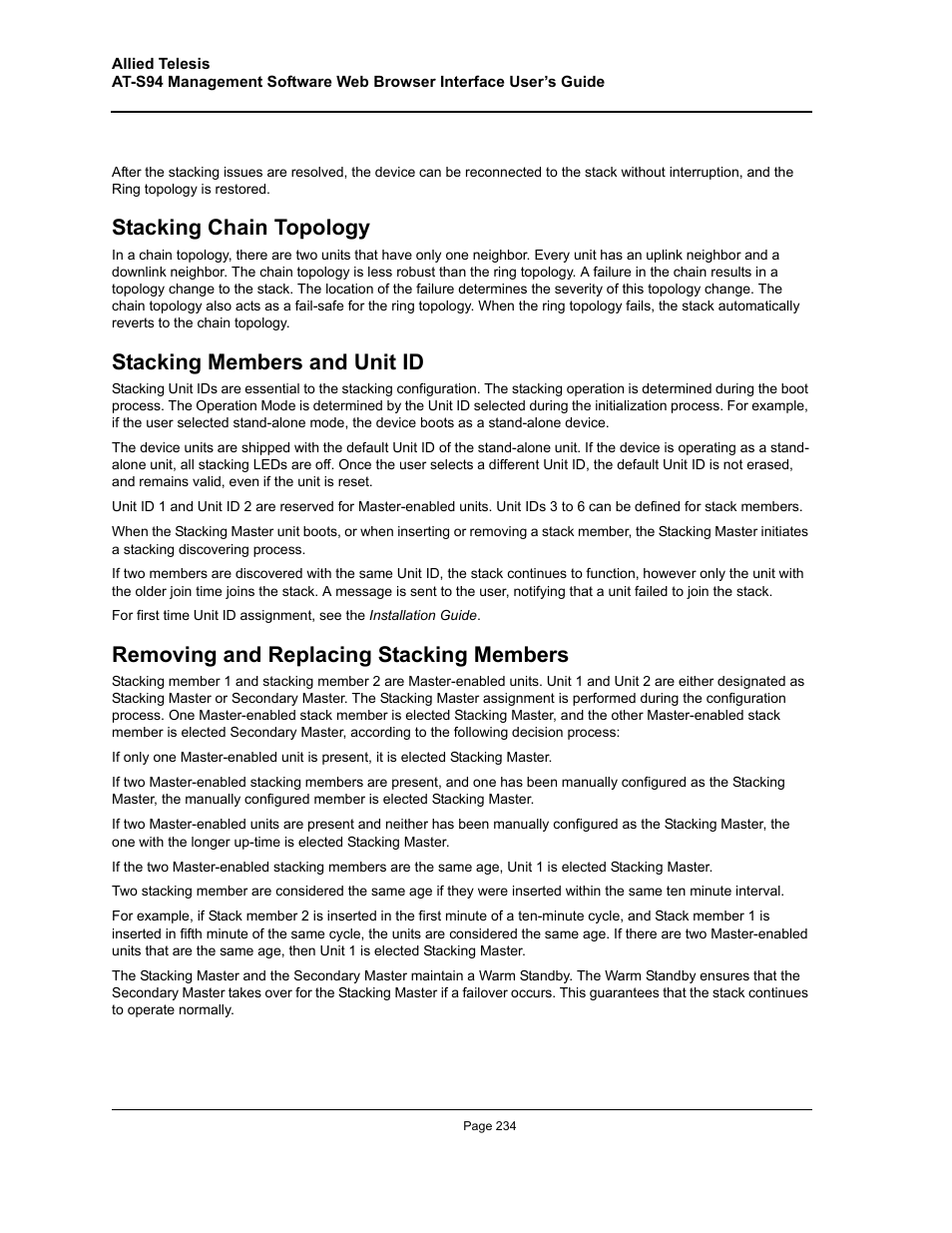 Stacking chain topology, Stacking members and unit id, Removing and replacing stacking members | Allied Telesis AT-S94 User Manual | Page 234 / 254