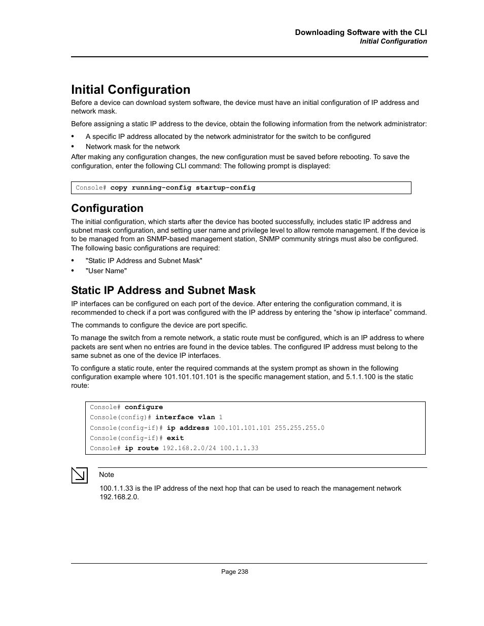 Initial configuration, Configuration, Static ip address and subnet mask | Allied Telesis AT-S94 User Manual | Page 238 / 254