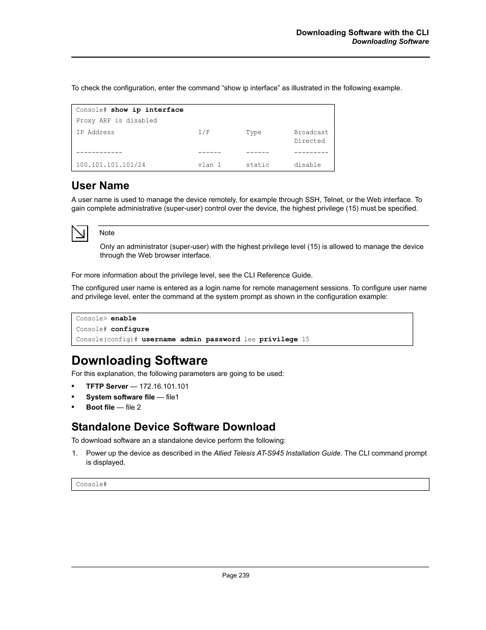 User name, Downloading software, Standalone device software download | Allied Telesis AT-S94 User Manual | Page 239 / 254