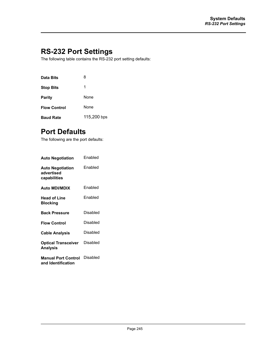 Rs-232 port settings, Port defaults, Rs-232 port settings port defaults | Allied Telesis AT-S94 User Manual | Page 245 / 254