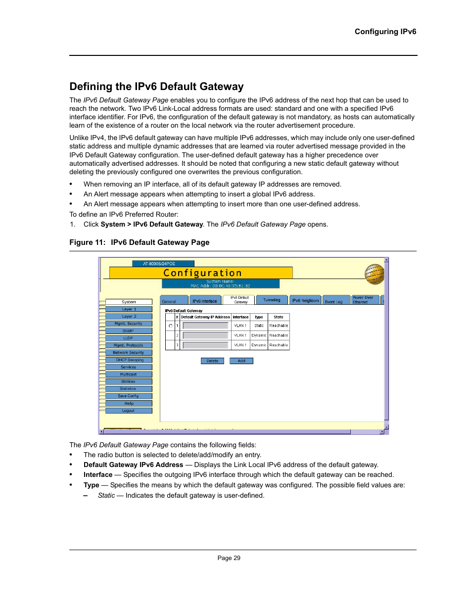 Defining the ipv6 default gateway | Allied Telesis AT-S94 User Manual | Page 29 / 254