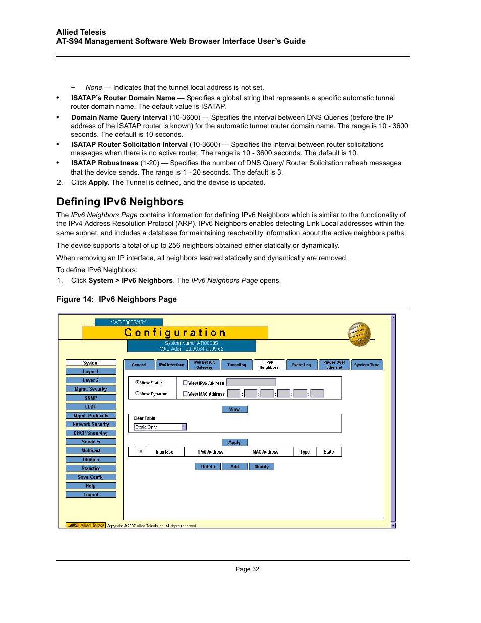 Defining ipv6 neighbors | Allied Telesis AT-S94 User Manual | Page 32 / 254