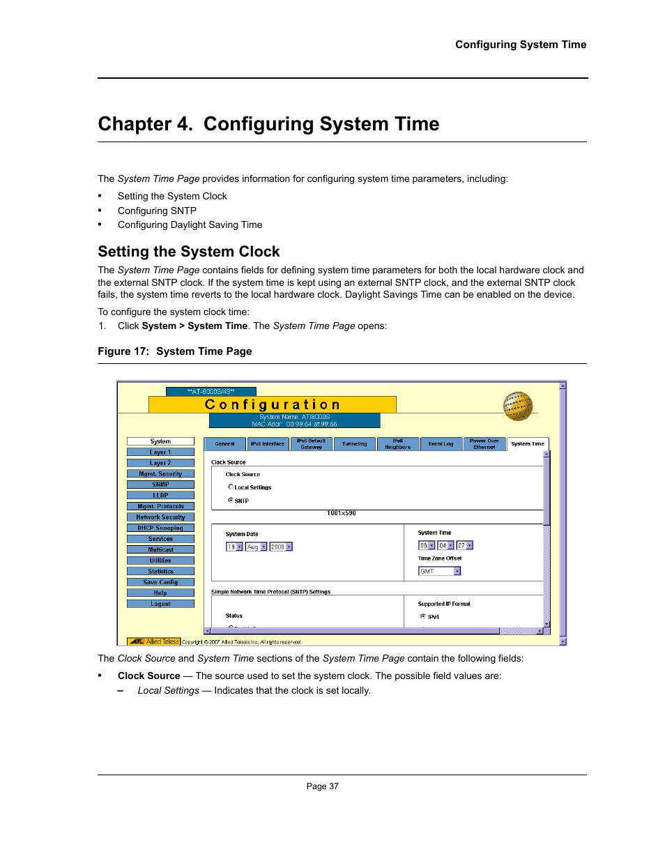 Chapter 4. configuring system time, Setting the system clock, Chapter 4.configuring system time | Section title“configuring system time | Allied Telesis AT-S94 User Manual | Page 37 / 254