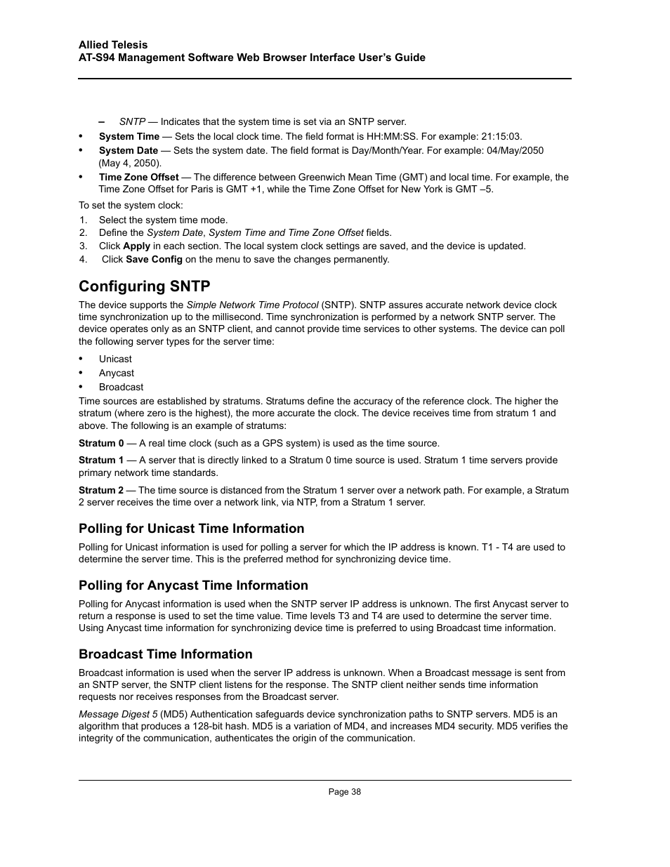 Configuring sntp | Allied Telesis AT-S94 User Manual | Page 38 / 254