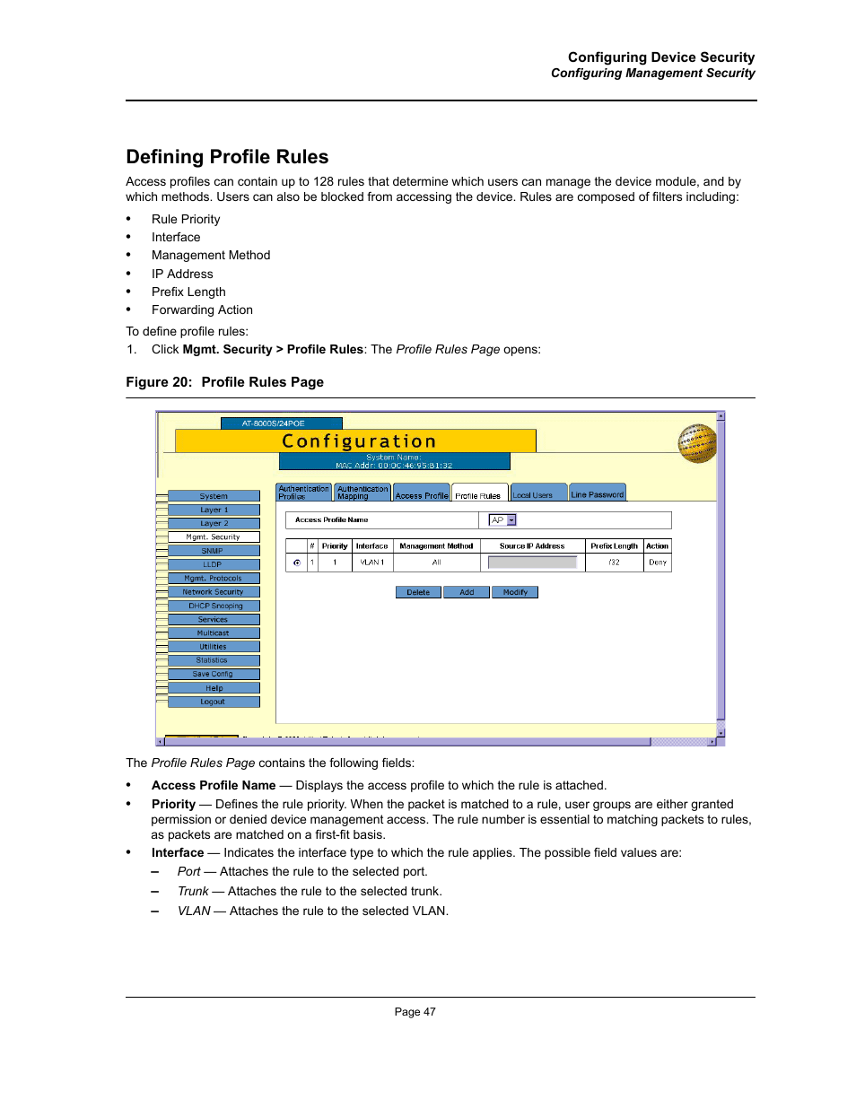 Defining profile rules | Allied Telesis AT-S94 User Manual | Page 47 / 254