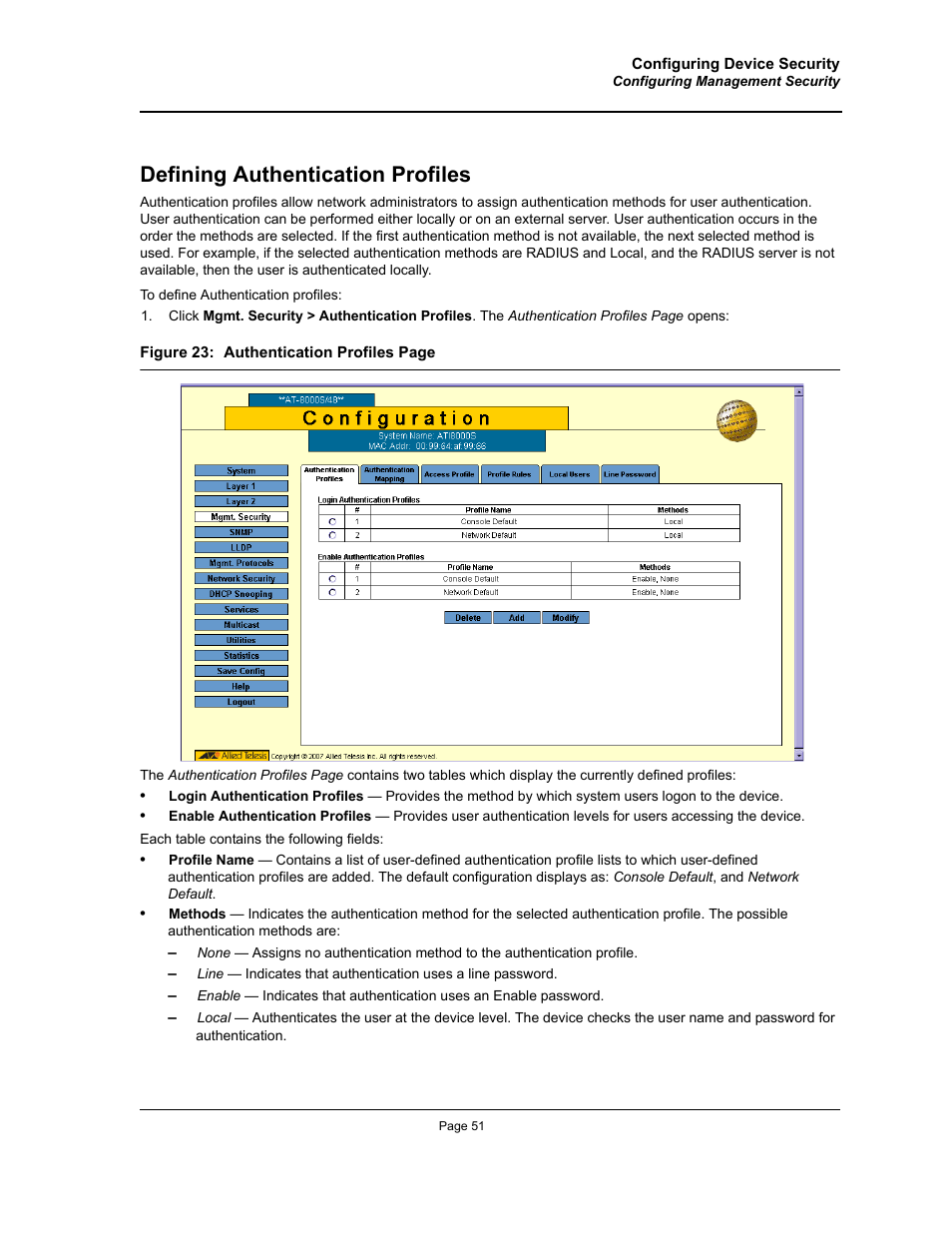 Defining authentication profiles | Allied Telesis AT-S94 User Manual | Page 51 / 254
