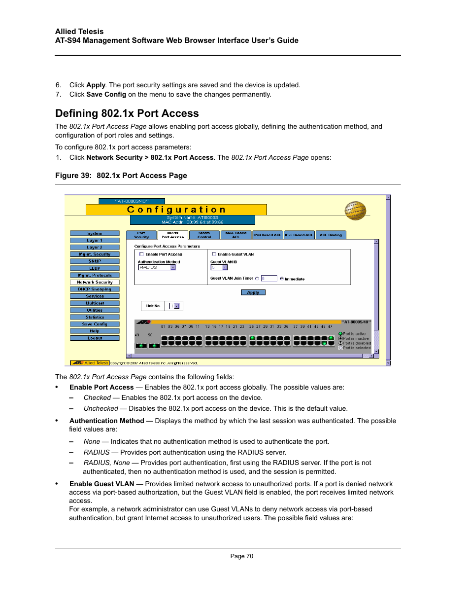Defining 802.1x port access | Allied Telesis AT-S94 User Manual | Page 70 / 254