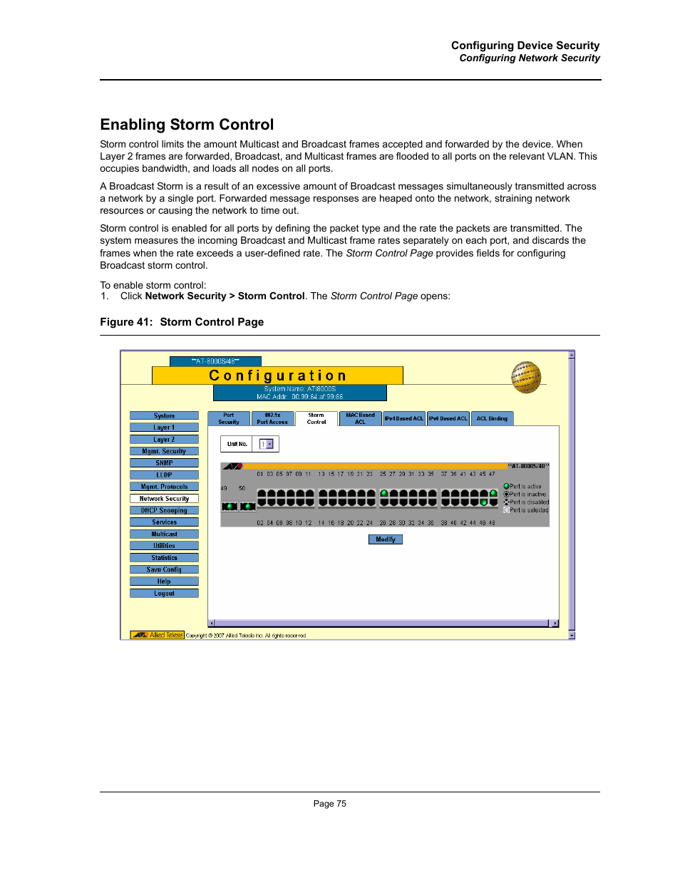 Enabling storm control | Allied Telesis AT-S94 User Manual | Page 75 / 254