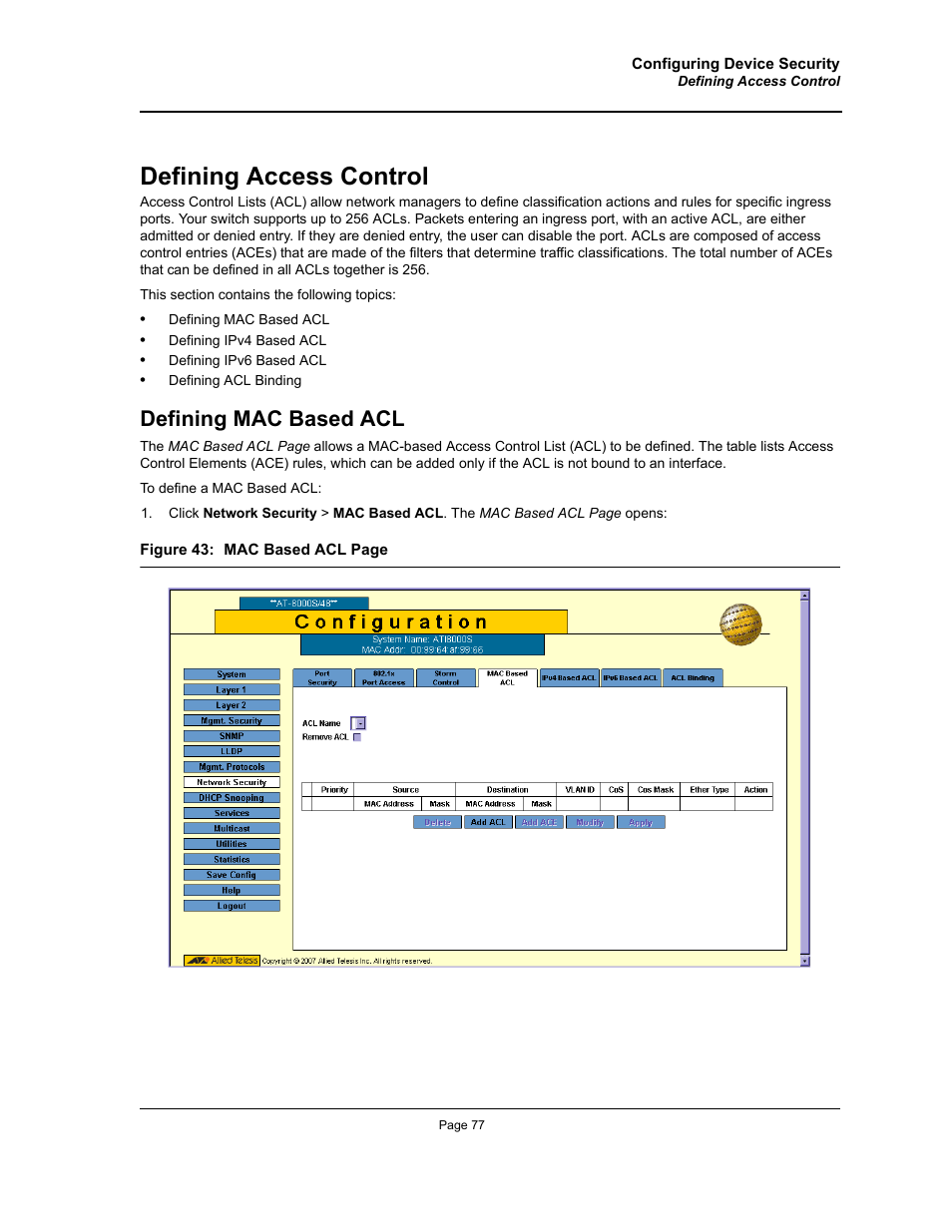 Defining access control, Defining mac based acl | Allied Telesis AT-S94 User Manual | Page 77 / 254