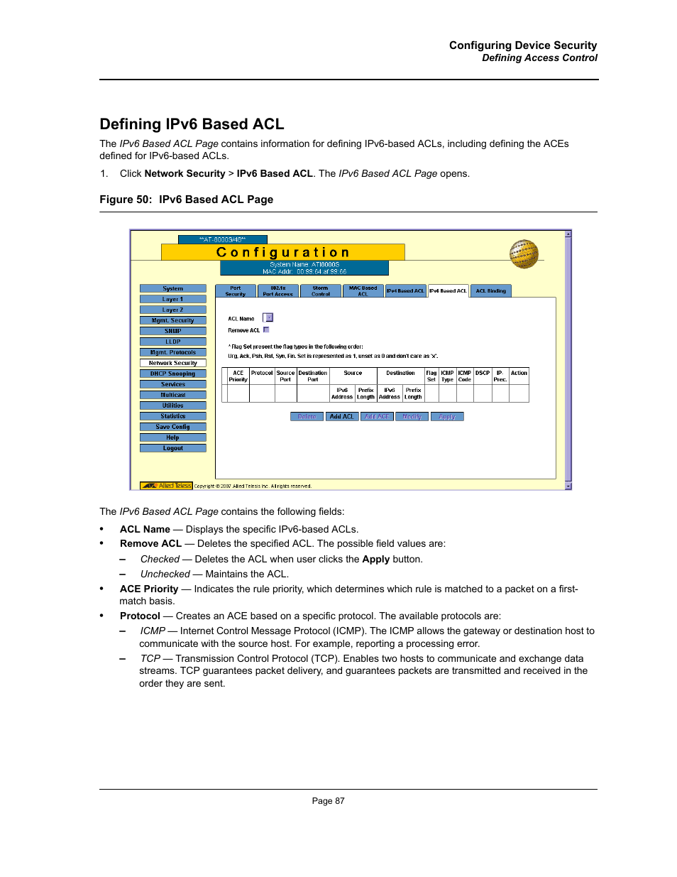 Defining ipv6 based acl | Allied Telesis AT-S94 User Manual | Page 87 / 254