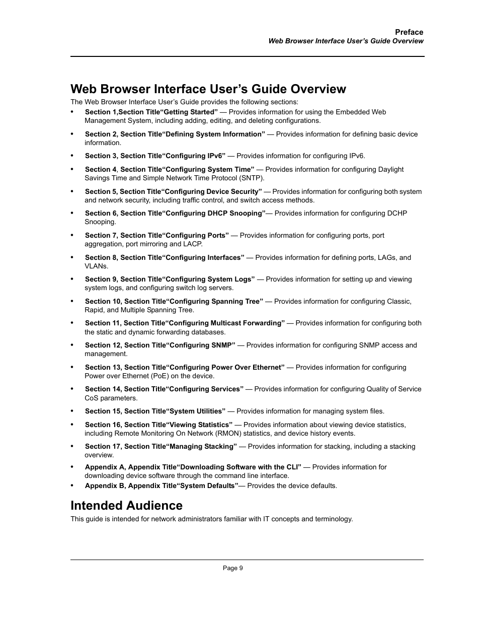 Web browser interface user’s guide overview, Intended audience | Allied Telesis AT-S94 User Manual | Page 9 / 254