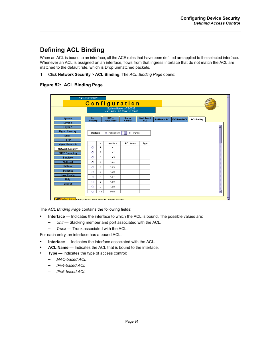 Defining acl binding | Allied Telesis AT-S94 User Manual | Page 91 / 254