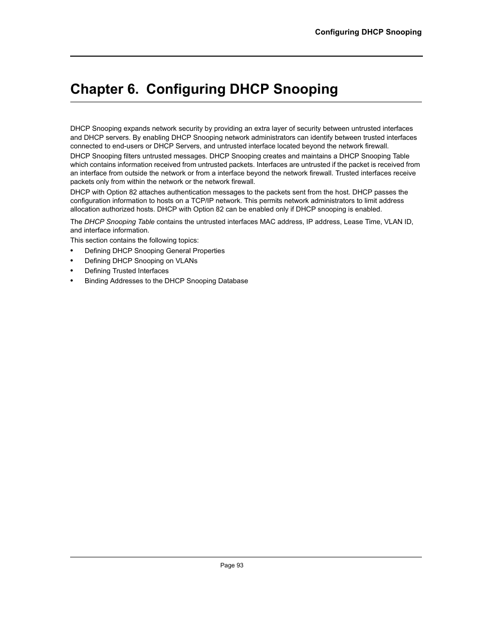 Chapter 6. configuring dhcp snooping, Chapter 6.configuring dhcp snooping | Allied Telesis AT-S94 User Manual | Page 93 / 254