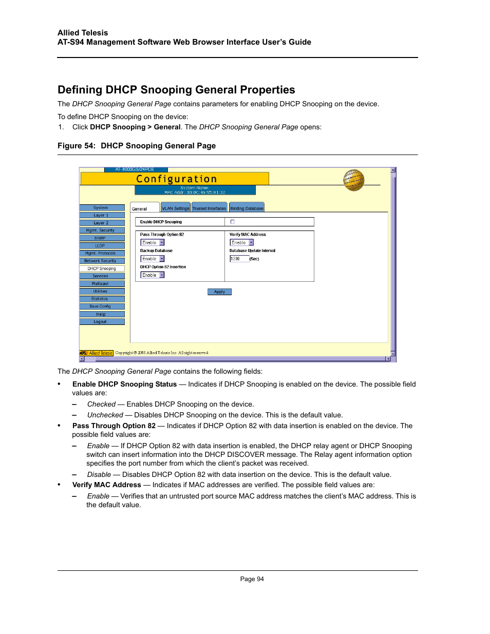 Defining dhcp snooping general properties | Allied Telesis AT-S94 User Manual | Page 94 / 254