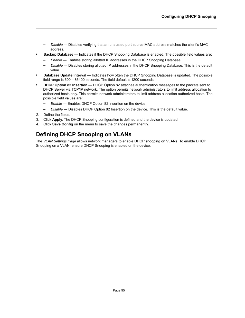 Defining dhcp snooping on vlans | Allied Telesis AT-S94 User Manual | Page 95 / 254