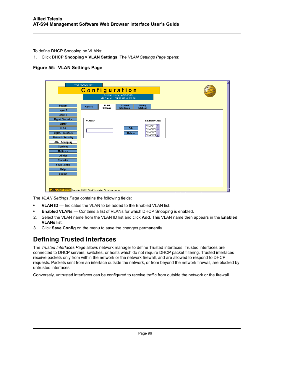 Defining trusted interfaces | Allied Telesis AT-S94 User Manual | Page 96 / 254