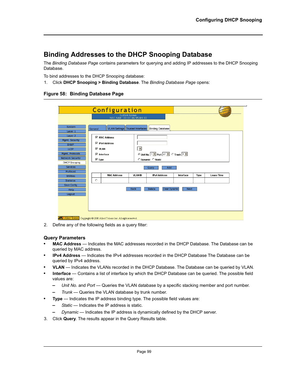 Binding addresses to the dhcp snooping database | Allied Telesis AT-S94 User Manual | Page 99 / 254